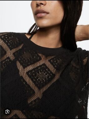 Mango Bundle Of 2 Black Tops - Sheer Crochet Mesh Top & Crochet Sleeve T-shirt